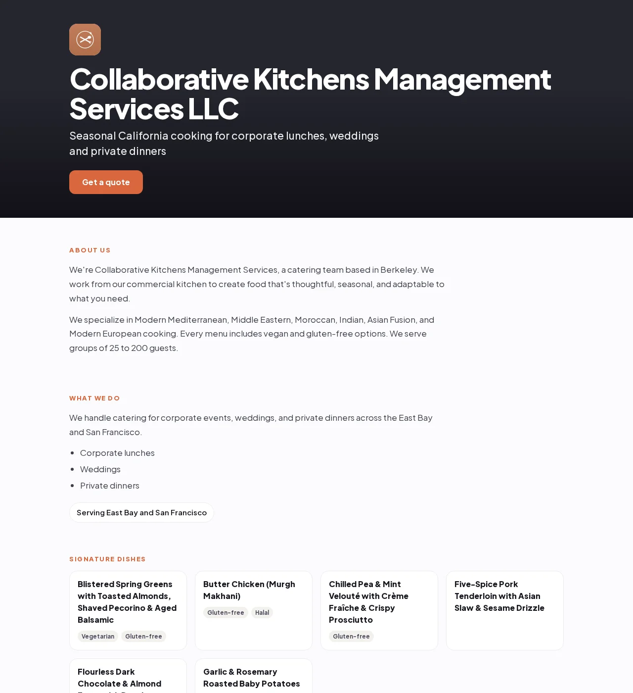A caterer's free business page built by the AI: their story, signature dishes, sample menus and the AI chat for quotes.
