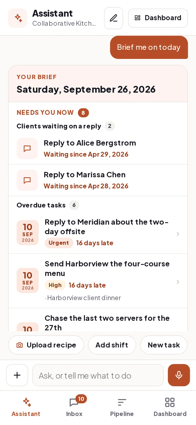 The AI assistant on a phone: asked for a brief, it lists the clients waiting on a reply and the overdue tasks with priority and dates.