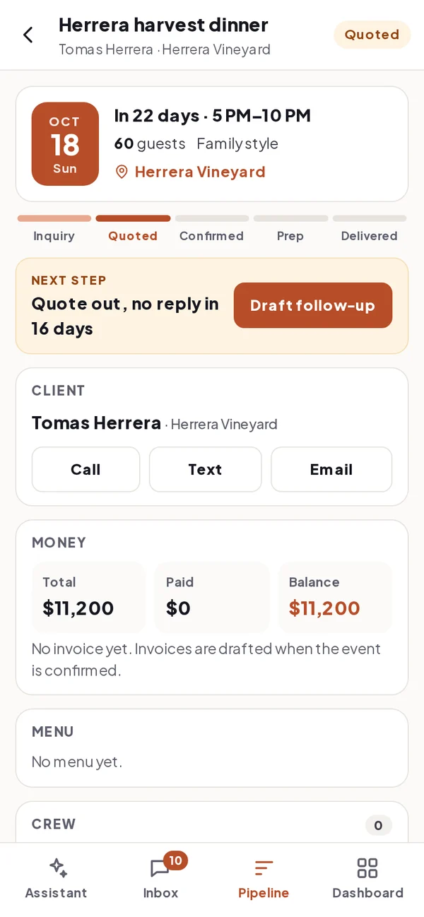 An event on the phone with the next step, client, money and crew