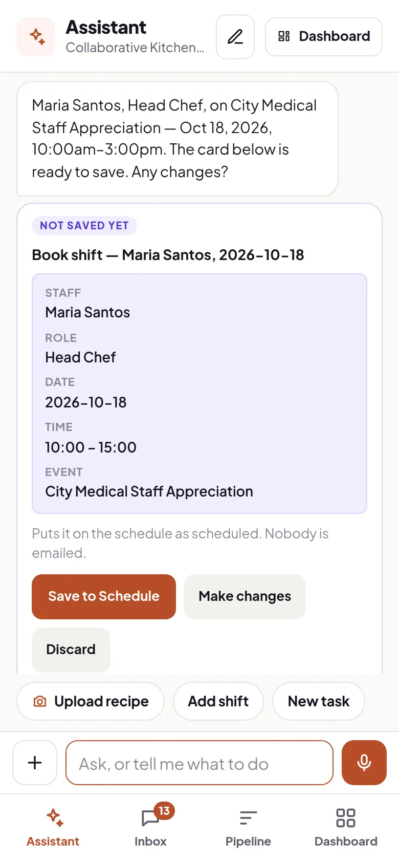 A shift card on a phone — head chef, 10:00 to 15:00, on a named event.