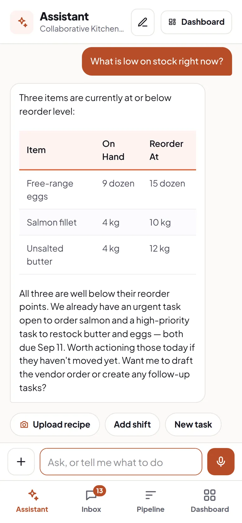 A phone answer listing the three ingredients below their reorder point.